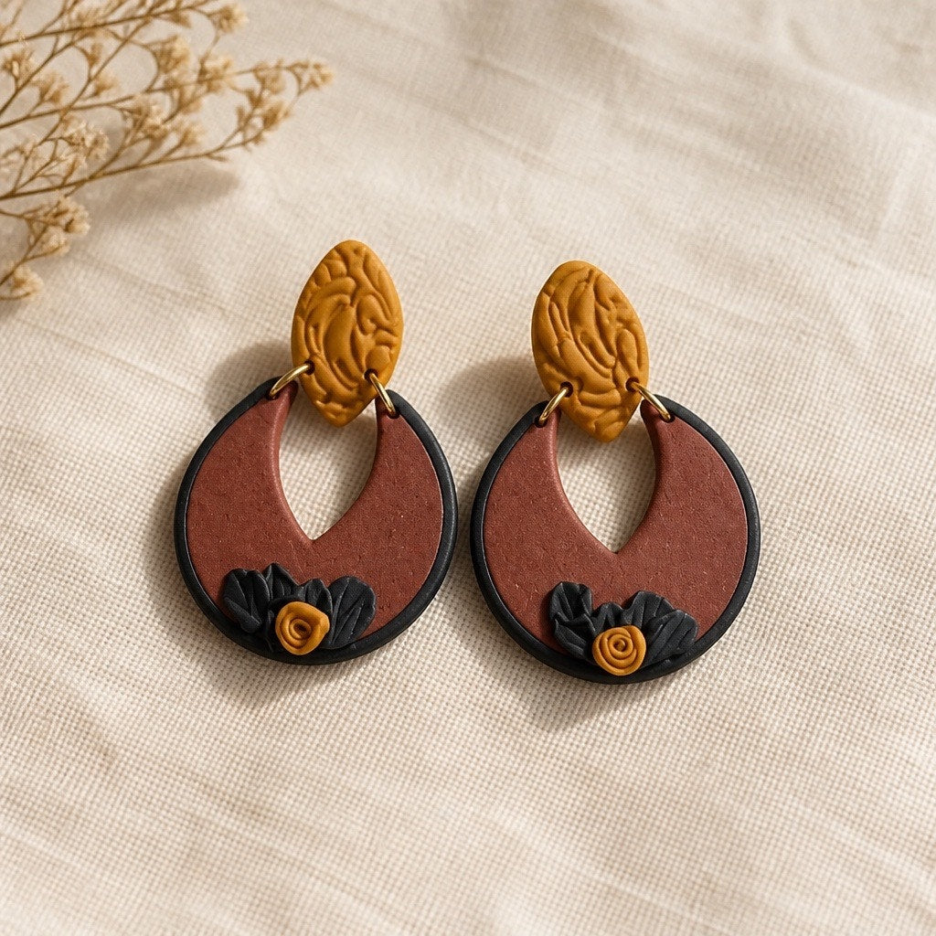 Artisan Neutral Polymer Clay Geometric Drop Earrings, Matte Earthy Tone Abstract Hoop Jewelry