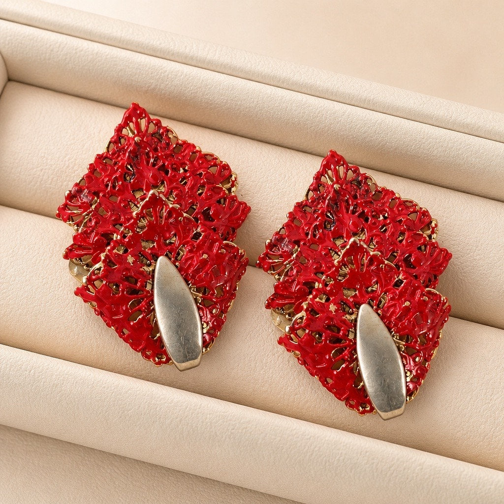 Retro 1960s Sarah Coventry Highly Collectible Red Lace Leaf Statement Earrings