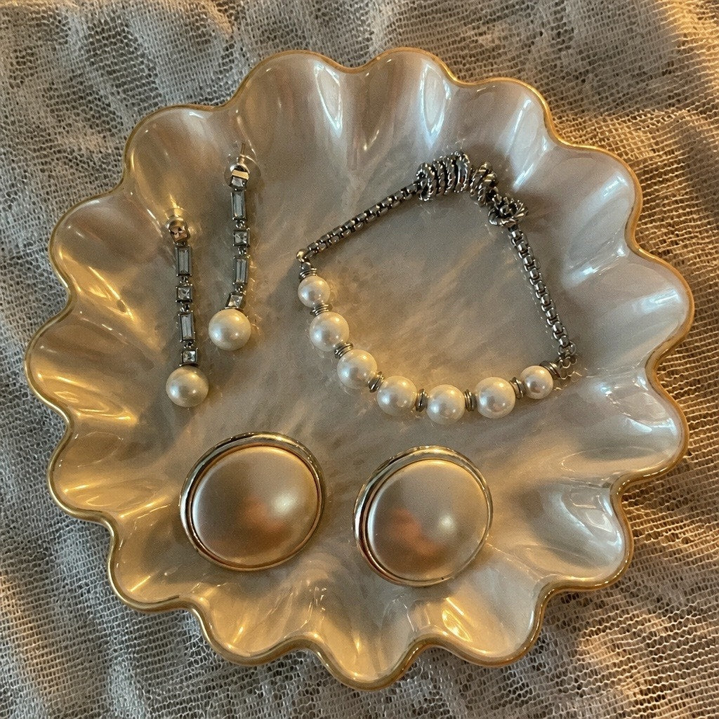 THE AUDREY HEPBURN TRIO Vintage Glass Pearl Earrings & Bracelet Set