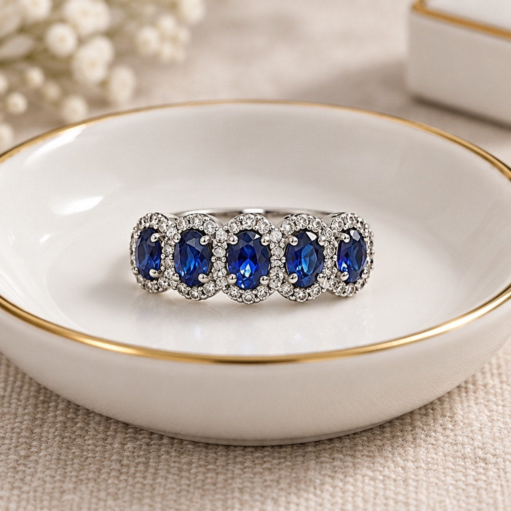 Solid 10K White Gold Five-Stone Blue Sapphire Halo Ring, Classic Anniversary Band