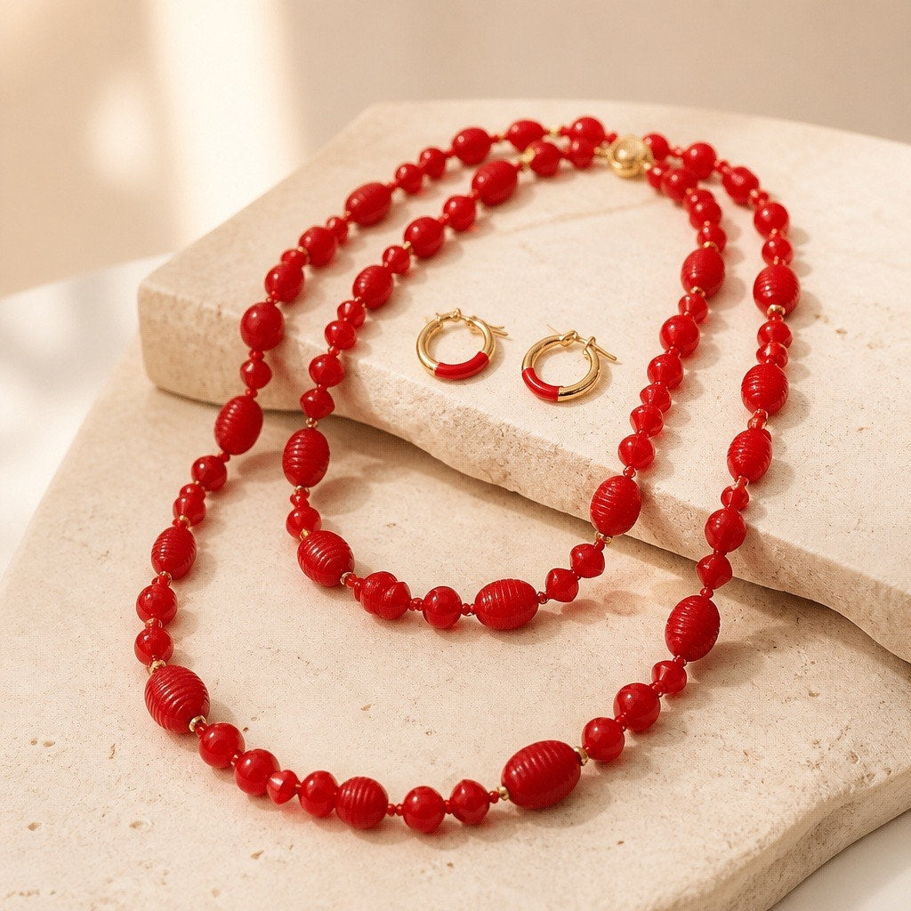 "Crimson & Clover" Trio: 18k Italian Gold Filled Hoops,  Vintage Necklace & Studs Lot