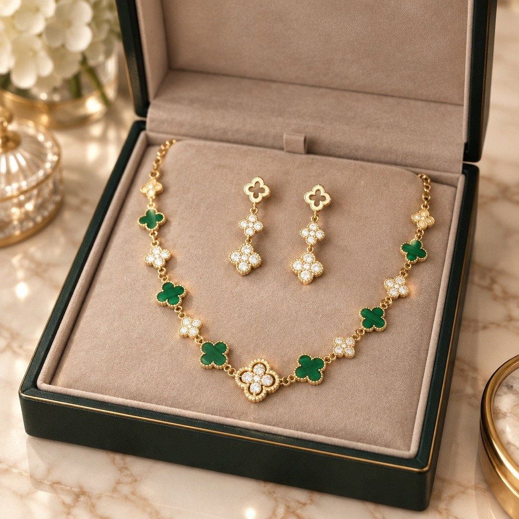 Green Quatrefoil Drop Stations Jewelry Set