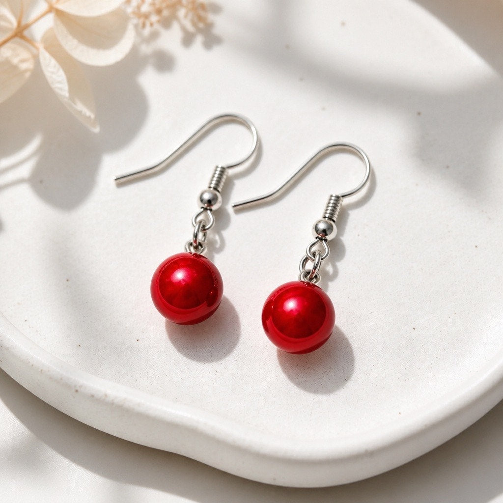 Scarlet Red Pearl Bead Drop Earrings — Dainty Silver-Tone Dangles
