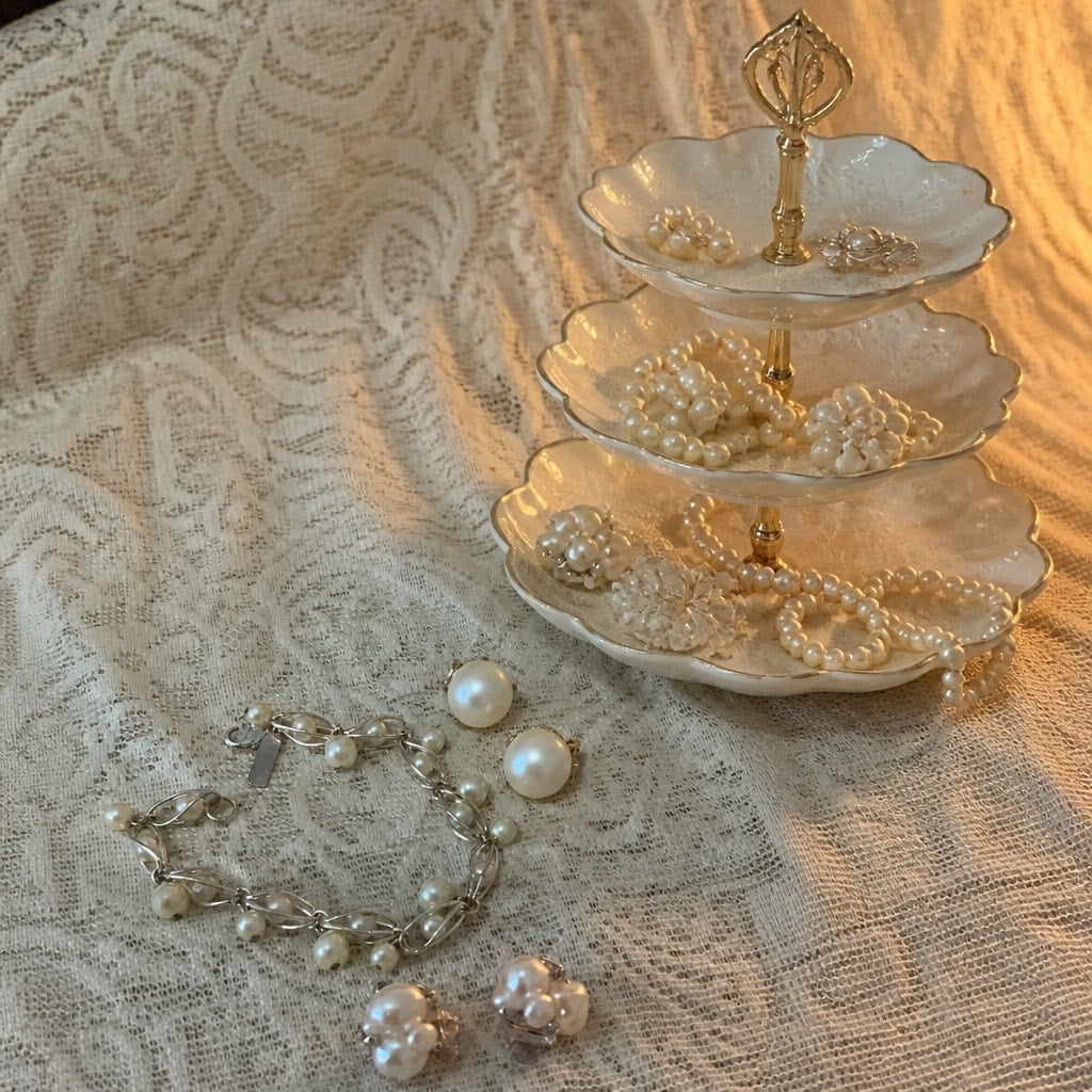 Vintage 3pc Pearl Jewelry Set: Signed 1990 s Apostrophe Link Bracelet