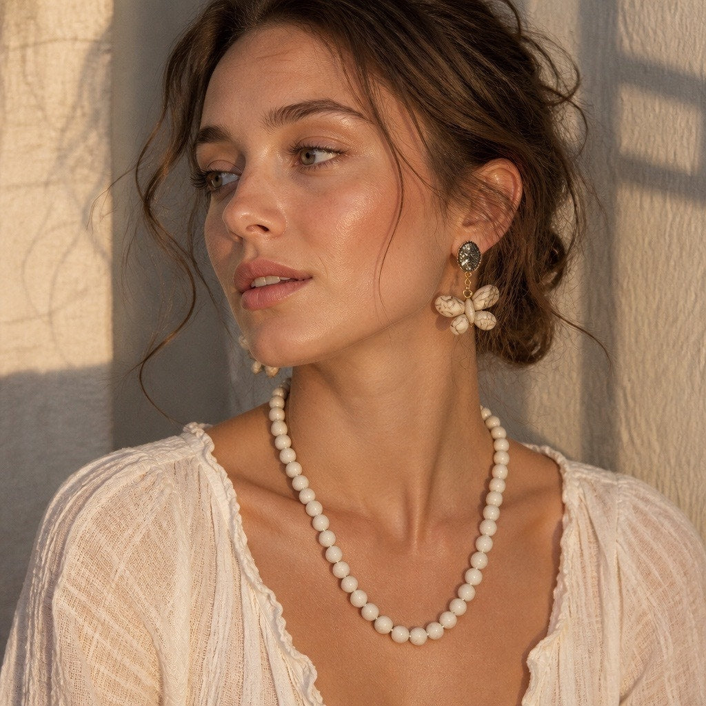 Vintage White Alabaster Glass Strand & Artisanal Handmade Rope Earring Trio 3pc
