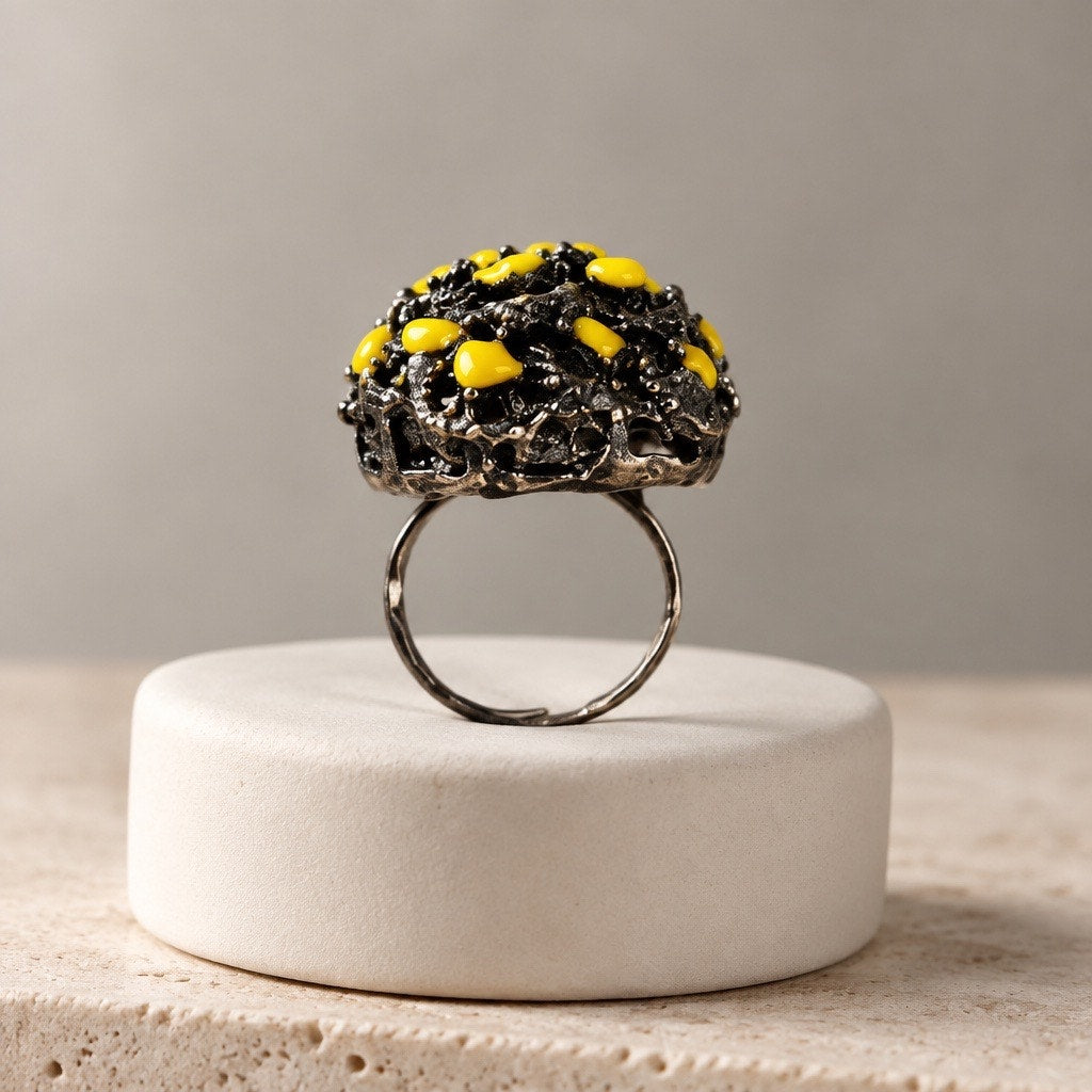 Vintage Brutalist Gunmetal Dome Avant-Garde Canary Yellow Enamel Statement Ring