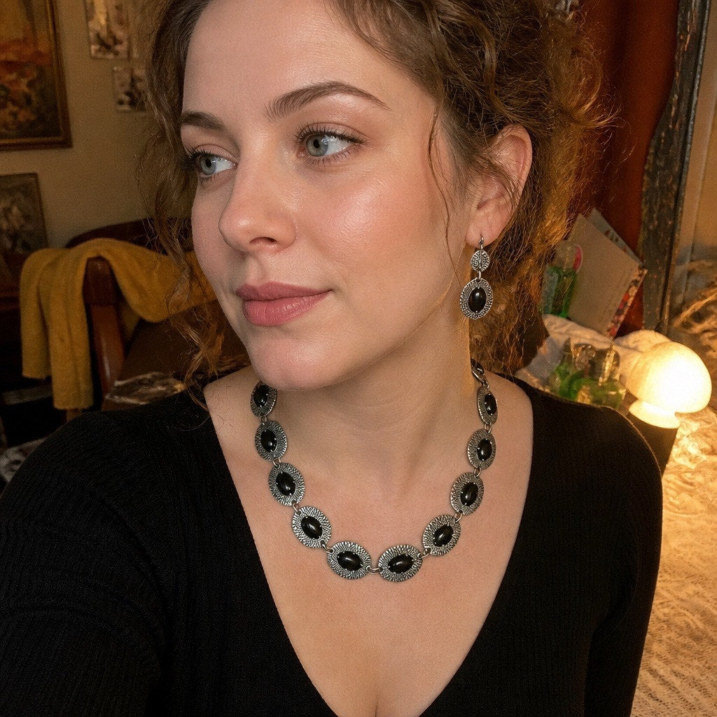 Vintage Southwestern Antiqued Silver Glossy Black Cabochon 3pc Jewelry Set