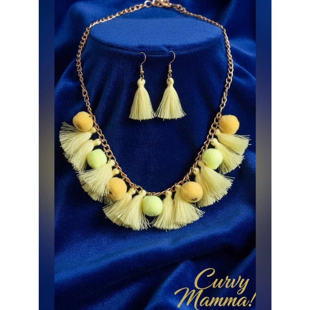 ✨ Vivid Yellow Boho Fringe Tassel Statement Jewelry Set Matching Earring