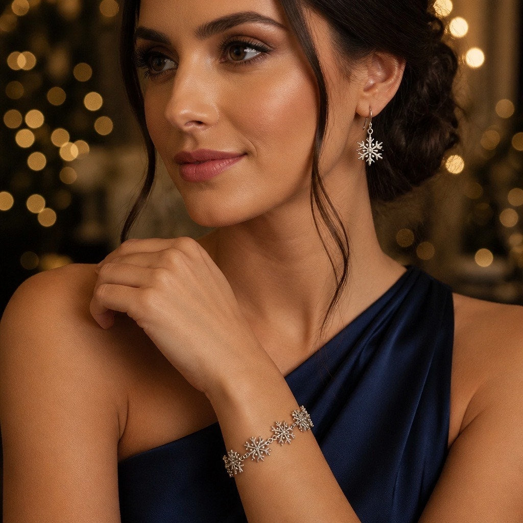 ❄️ Winter Snowflake Statement Set Multi Piece Silver Bracelet Earrings Gift Trio