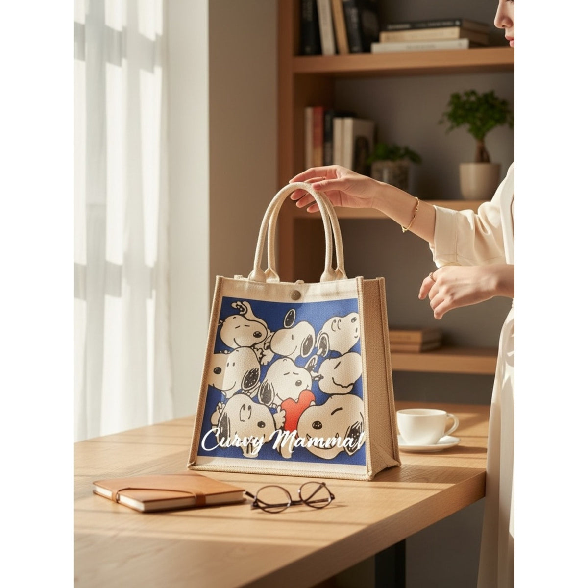 Handmade Cartoon Snoopy Blue Canvas Tote Bag-EXCELLENT QUALITY