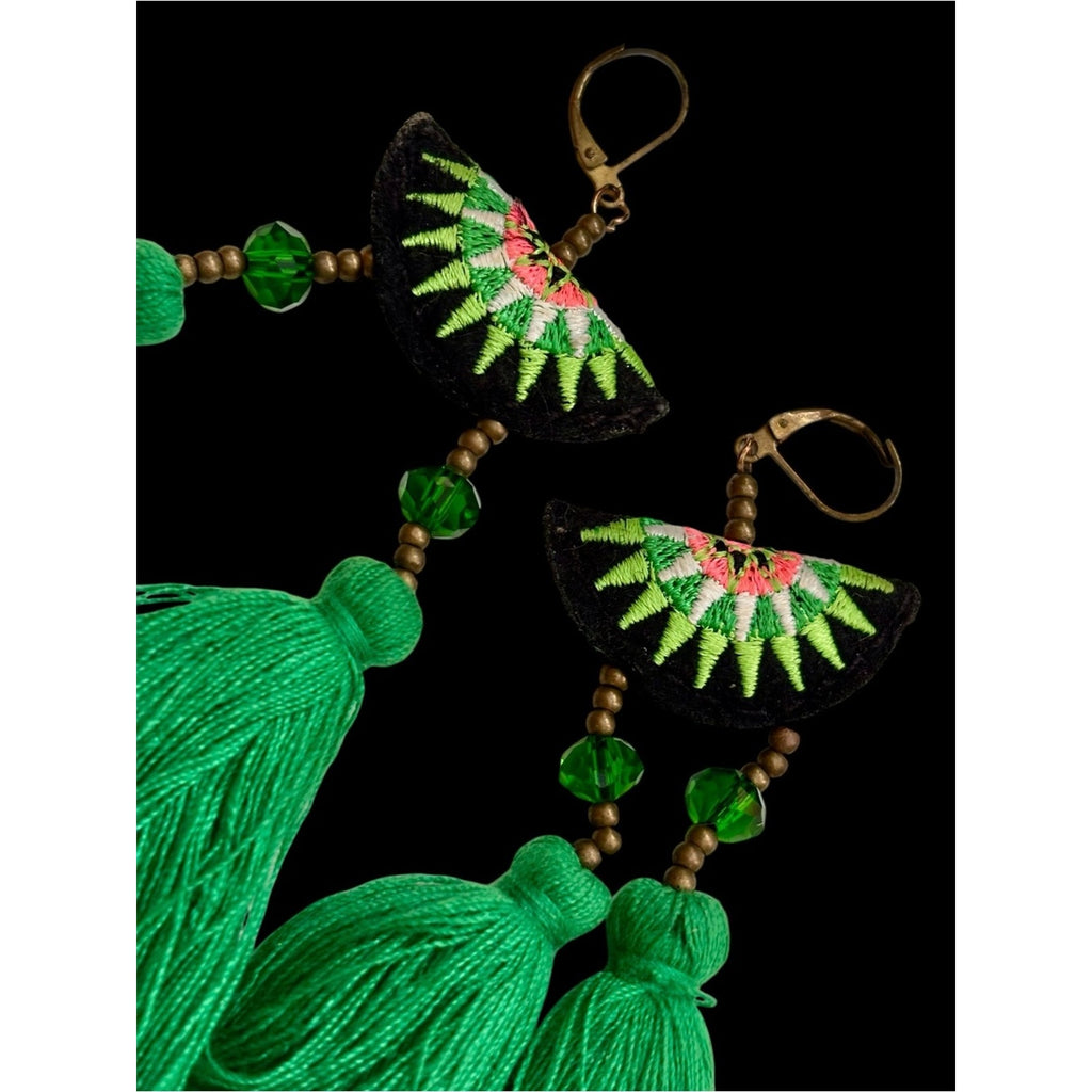 Handcrafted Vibrant Green Tassel Statement Earrings