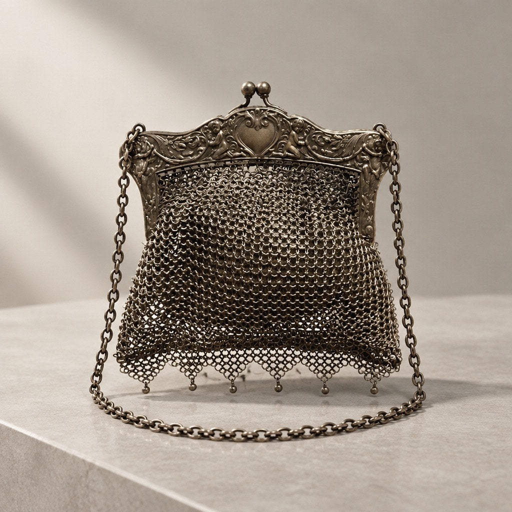 Museum Rarity: Antique Victorian Chainmail Bag |Embossed Cherub Filigree Frame
