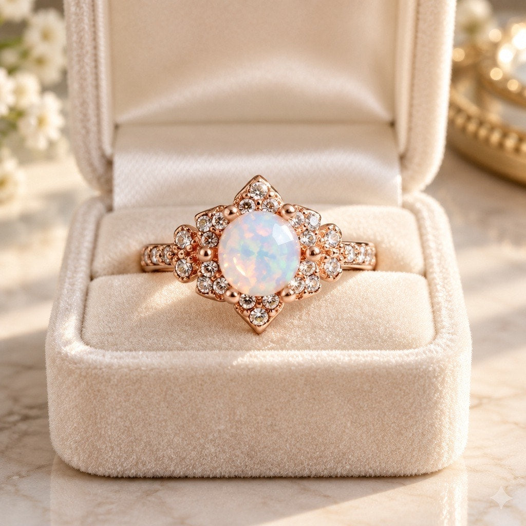 Rose Gold White Fire Opal Flower Halo Ring size 5
