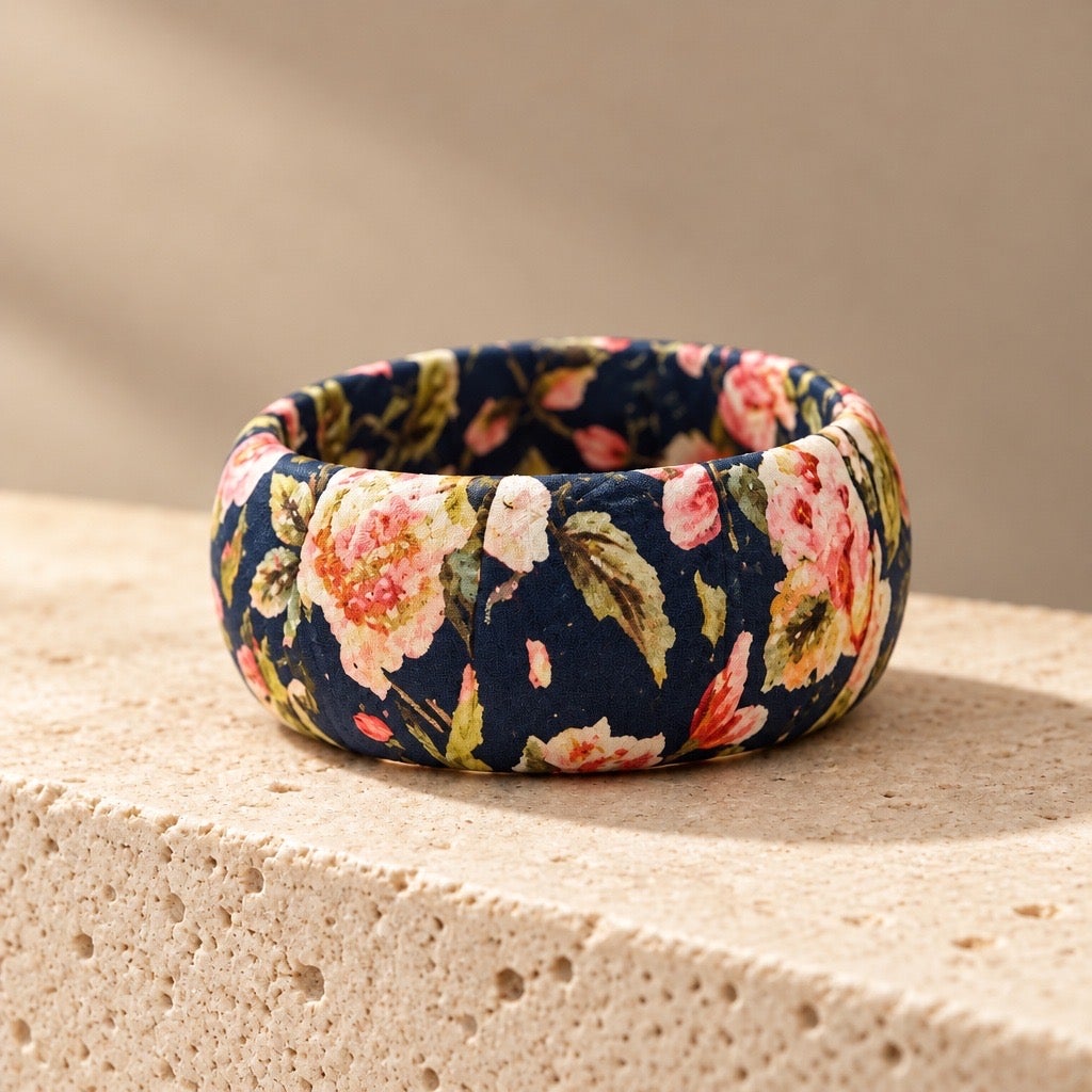 Circa 1970s Vintage Chintz Floral Fabric Bangle – Romantic Navy Blue Chunky