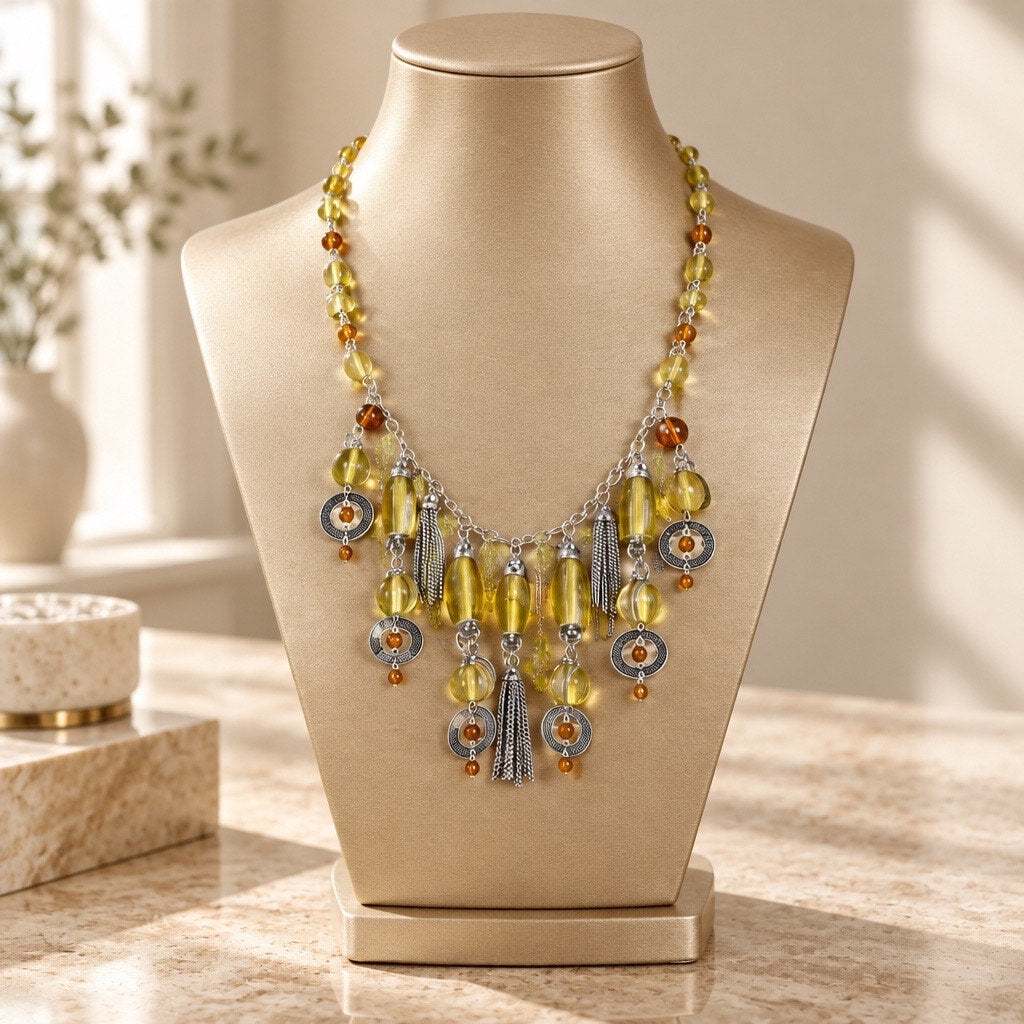 Vintage New Glass Beaded Fringe Statement Necklace