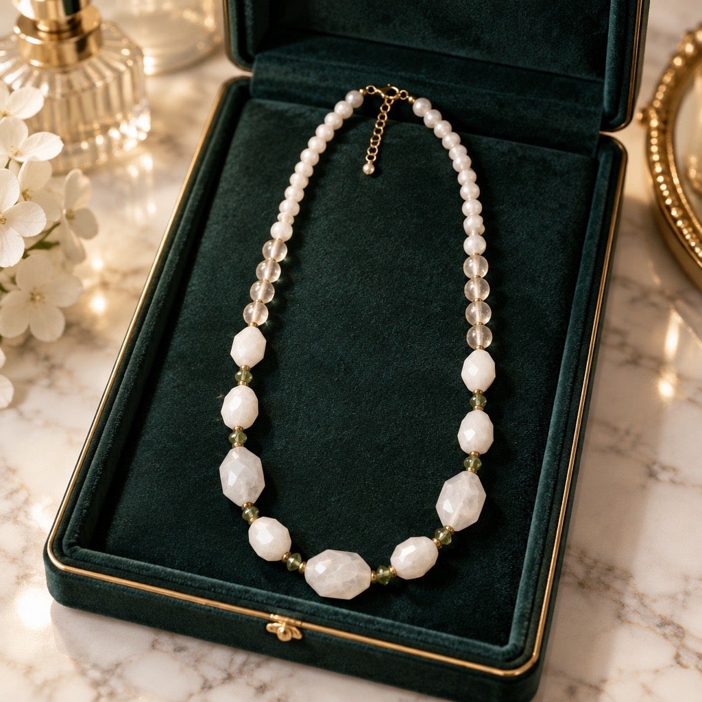 Editorial Faceted White Quartz VTG Inspired Graduated Gemstone Collar Collection