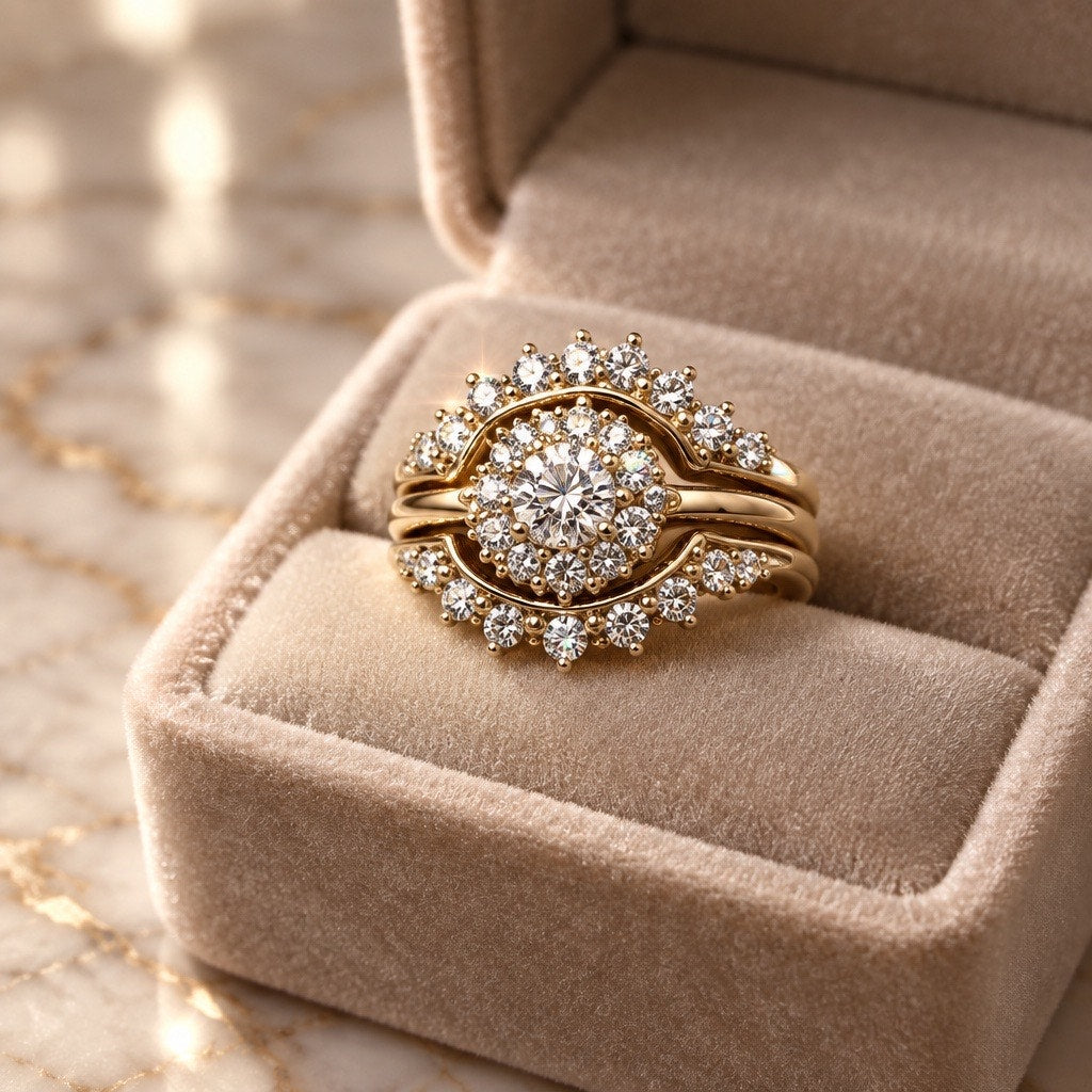 The Celestia Set: Vintage Sunburst Engagement Ring Set Size 5