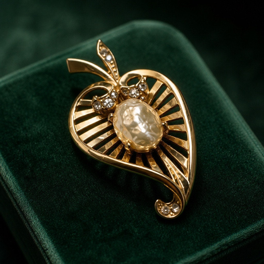 The Golden Autumn Collection: Mid Century Coro Pearl & Rhinestone Leaf Brooch