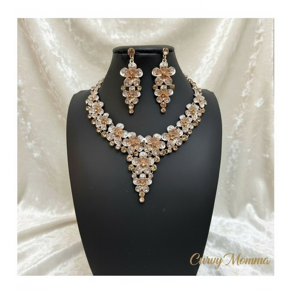 Champagne Rhinestone Cascading Flower Jewelry Set Parure