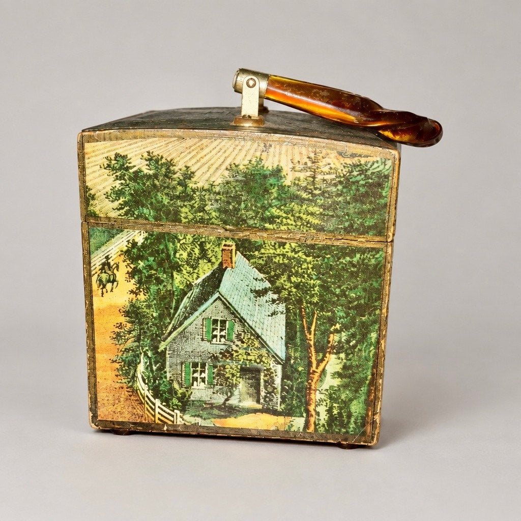 Anton Peck "1960s Americana Decoupage Box Purse with Tortoiseshell Lucite Handle