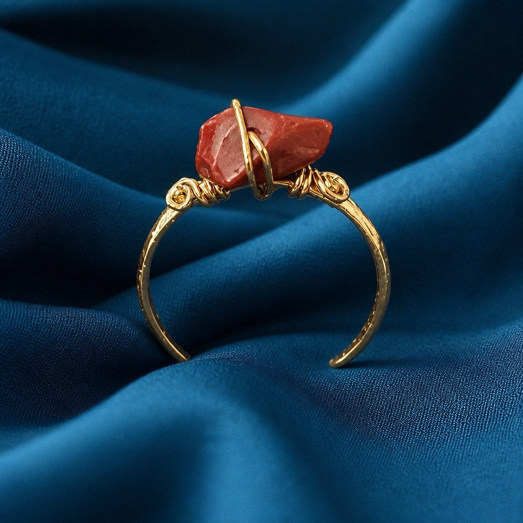 Raw Red Jasper Wire Wrapped Ring | Gold Textured Adjustable Crystal Band