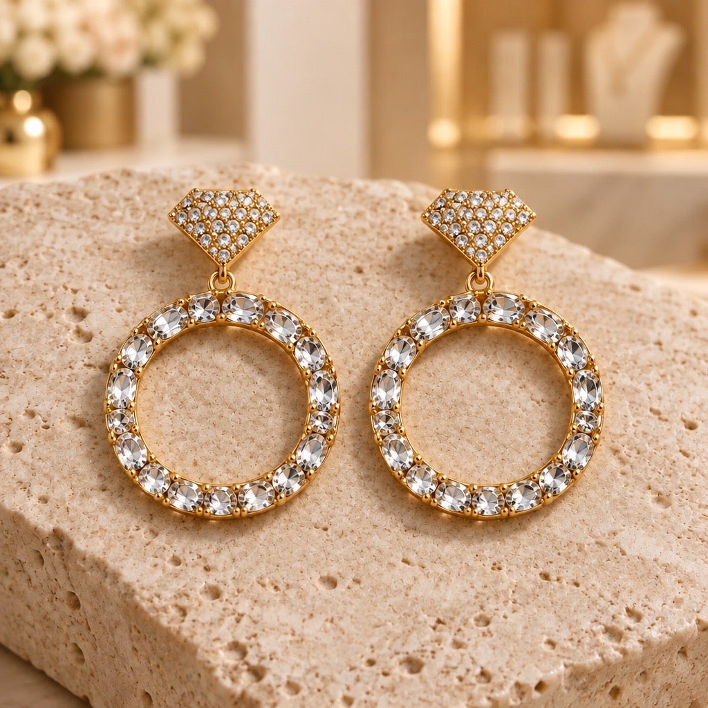 Modern Luxury Crystal Pavé Engagement Diamond Ring Drop Statement Earrings
