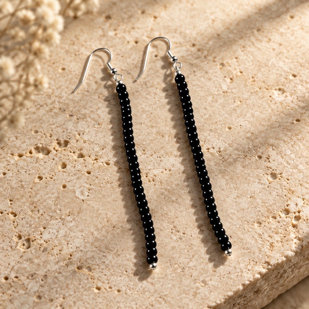 1990s Onyx Glass Beaded Linear Statement Dangles