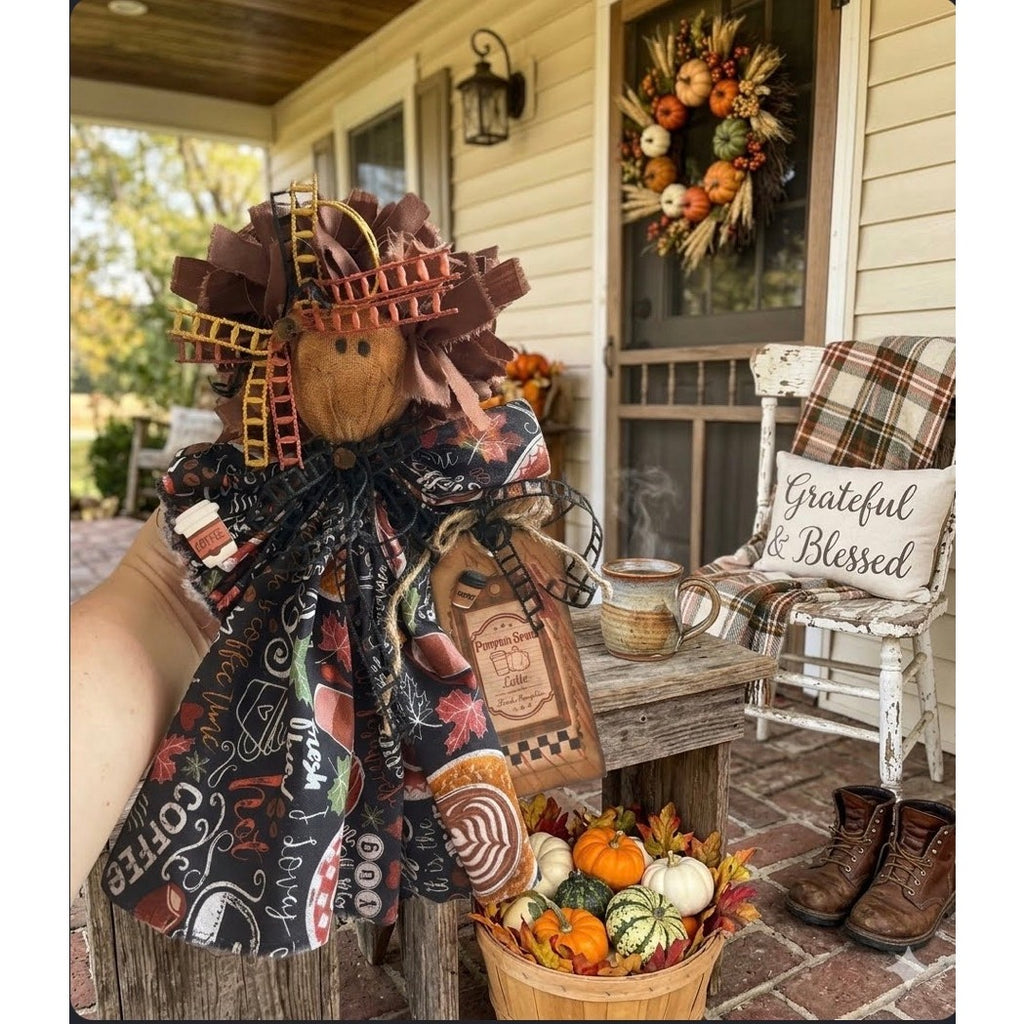 Handcrafted Primitive Fall Scarecrow Doll Coffee Shop Decor Autumn Tiered Tray Accent