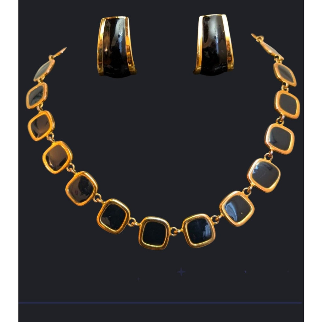 Vintage Gold Tone Black Enamel Cushion Link Collar Necklace & Hoop Earrings Set