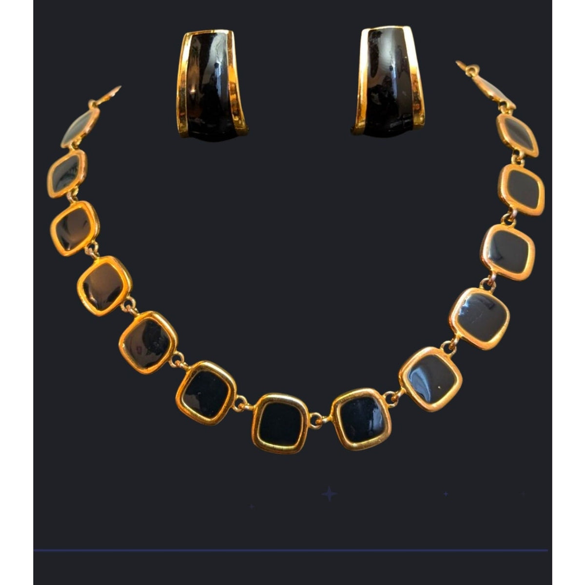 Vintage Gold Tone Black Enamel Cushion Link Collar Necklace & Hoop Earrings Set