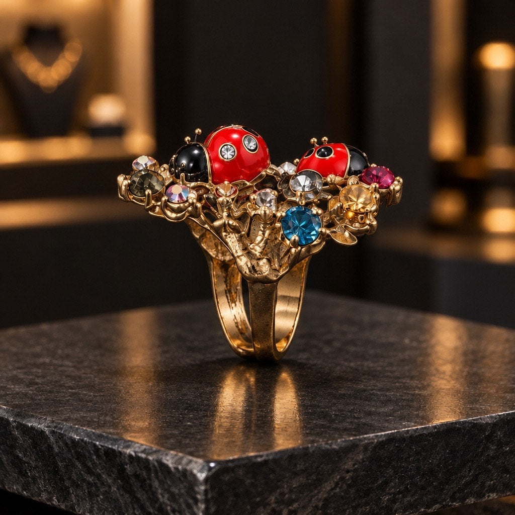 Vintage The Jardin Secret Enamel Ladybug & Crystal Cocktail Ring
