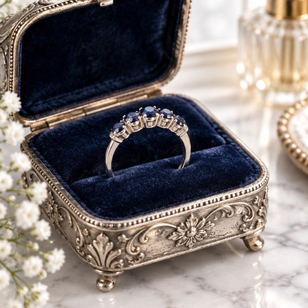 Solid 10K White Gold Five-Stone Blue Sapphire Halo Ring, Classic Anniversary Band