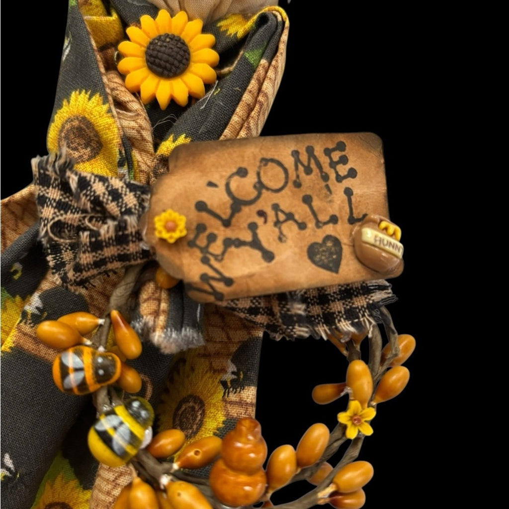 Handcrafted Primitive Sunflower Bee Welcome Y'all Doll