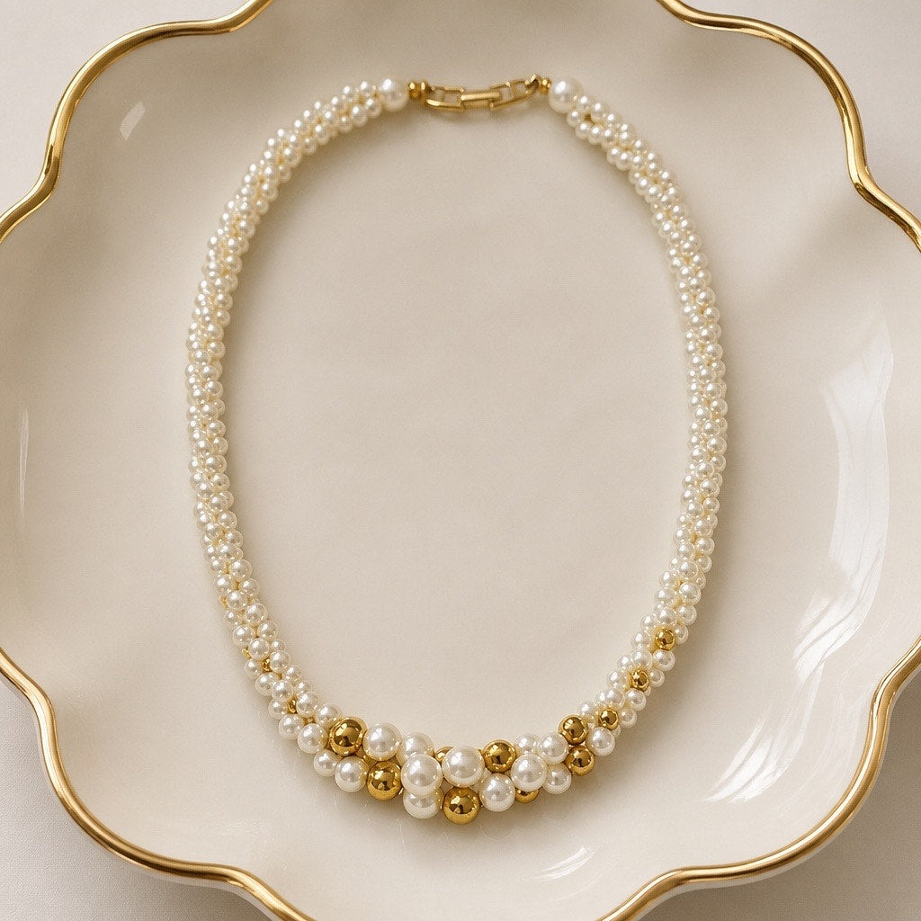 Vintage Signed Napier 2 Strand Faux Pearl & Gol Bea Torsade Necklace