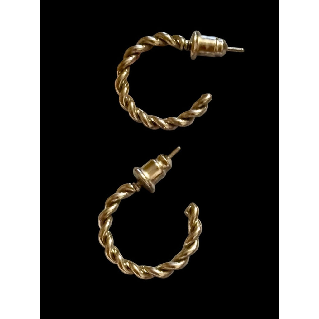 c1980s Vintage Italian Runway Gold High-Polish Twisted Rope Textured C Hoops