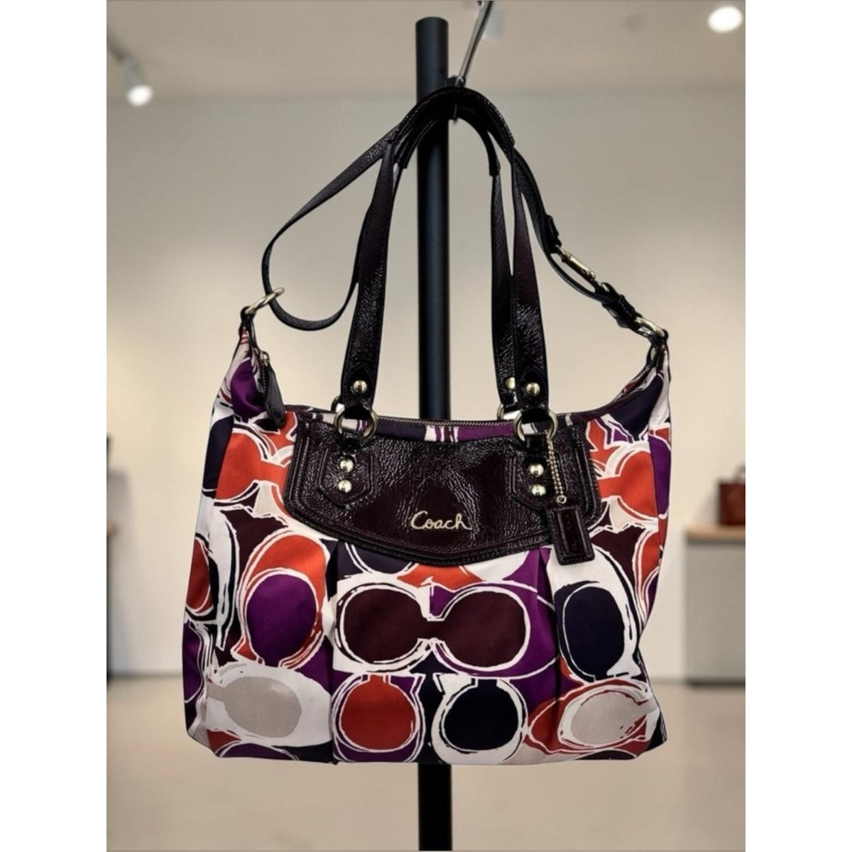 Vintage Coach Multicolor Circle-Print Shoulder Bag in Purple, Orange and Brown