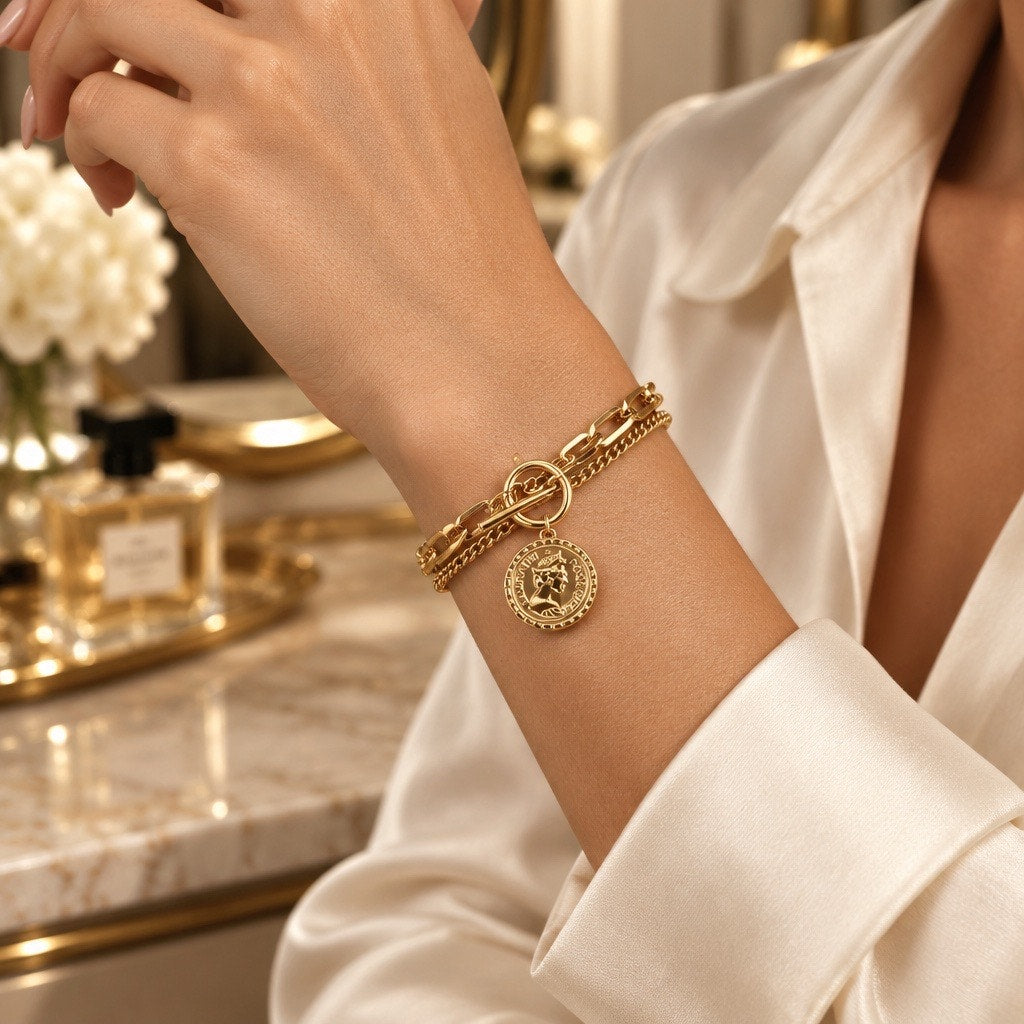 Gold Layered Link Chain Toggle Bracelet Queen Elizabeth Coin Medallion