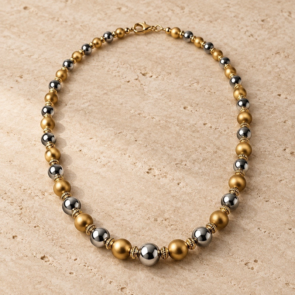 Luxury Mixed Metal Matte Gold Silver Orb Necklace, Heavy Statement Bead Choker
