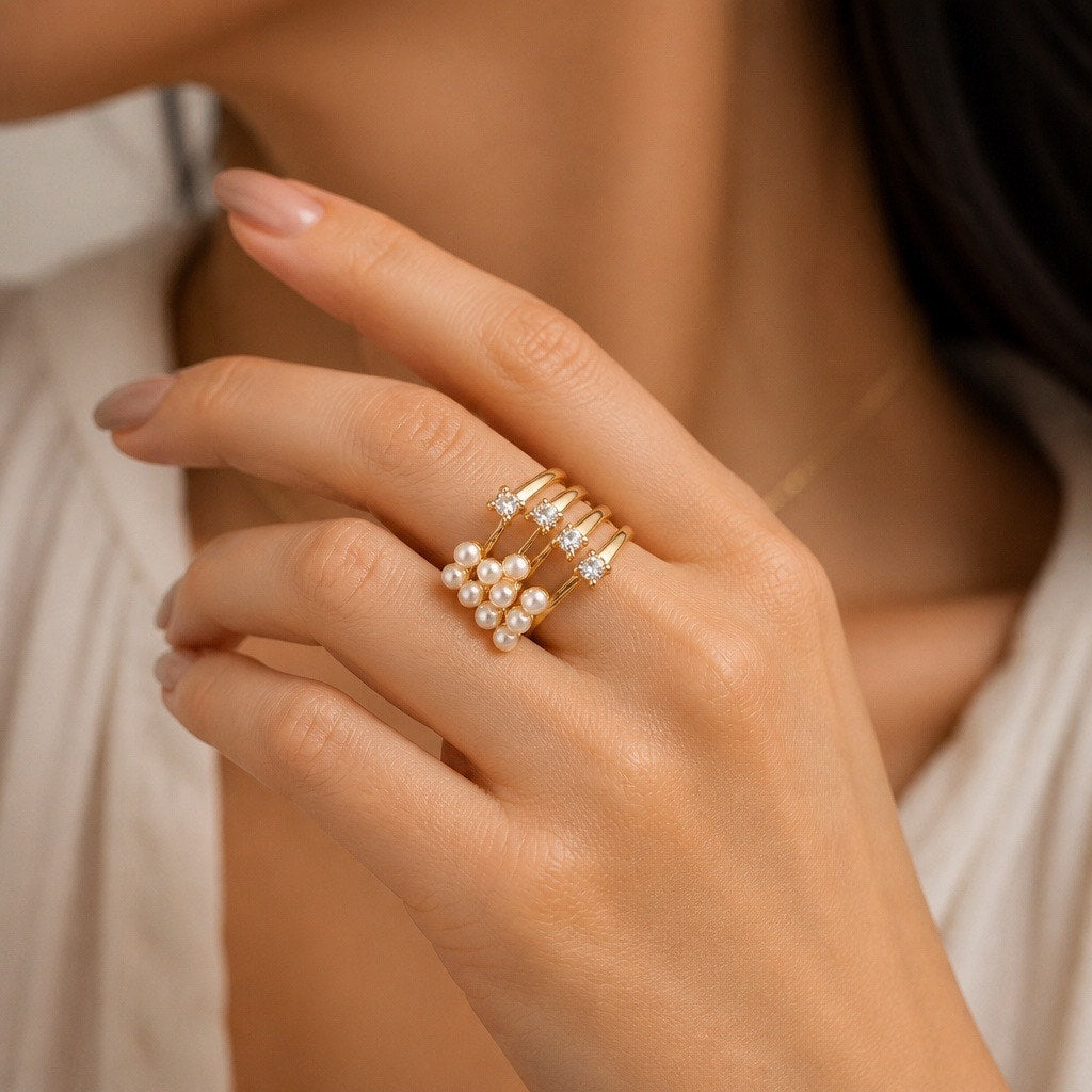 Elegant Gold Plated Adjustable Set of 4 Statement Rings