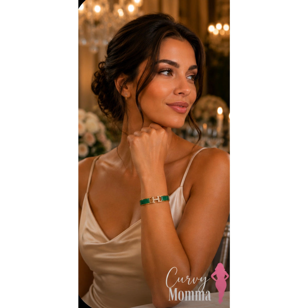 Green Enamel H Bracelet Gold-Tone Crystal Accent-Women's F€ASHION- Jewelry
