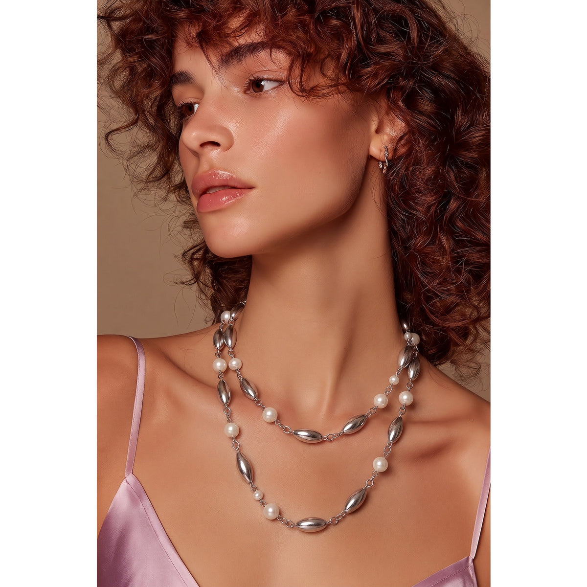 1980 s Vintage Silver Tone Elongated Torpedo Link & Pearl Station Layering Necklace
