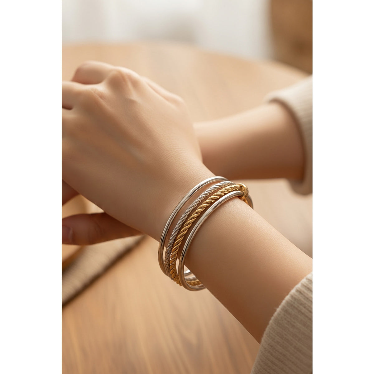 Yurman Style Tri-Tone Cable Interlocking Bangle Set