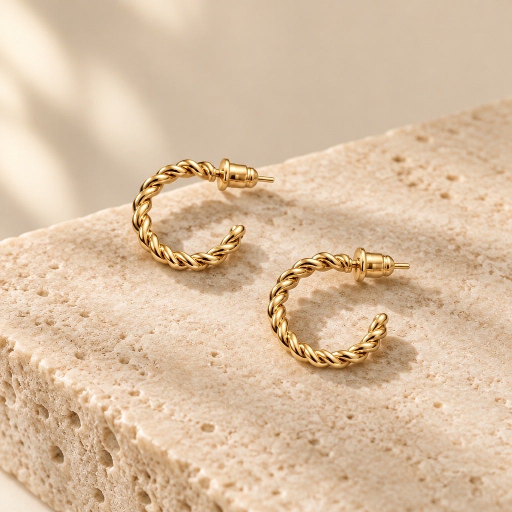 c1980s Vintage Italian Runway Gold High-Polish Twisted Rope Textured C Hoops