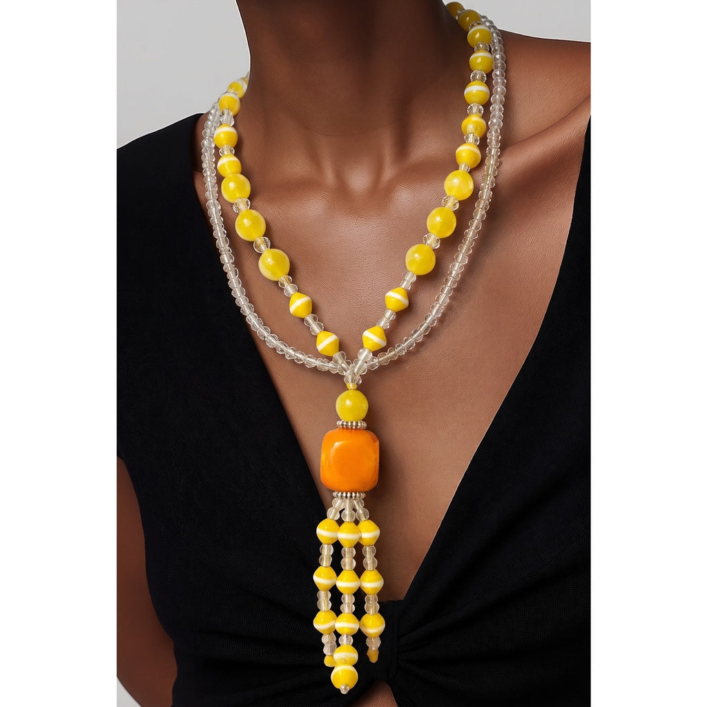 Vintage Mid-1960 s Century Layered Yellow Lucite & Art Glass Tassel Statement Necklace