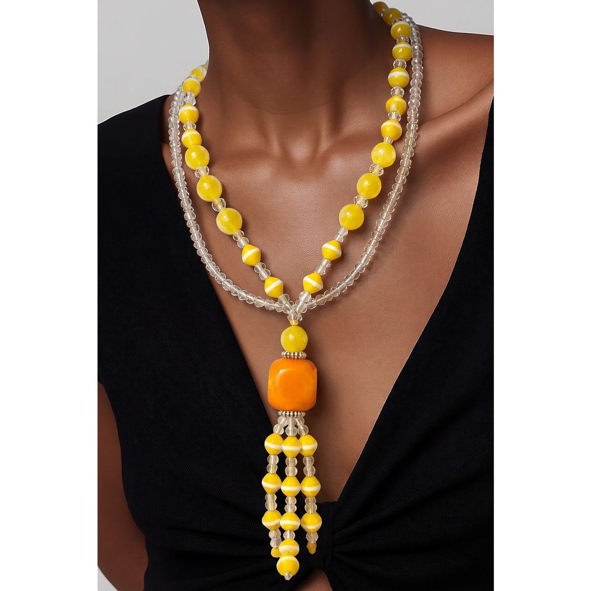 Vintage Mid-1960 s Century Layered Yellow Lucite & Art Glass Tassel Statement Necklace