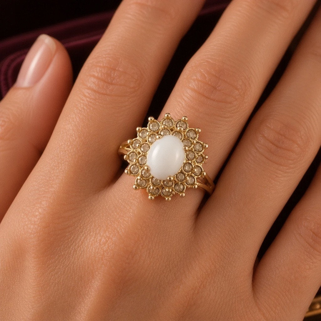 Vintage 18K HGE Gold Filigree White Cabochon Ring