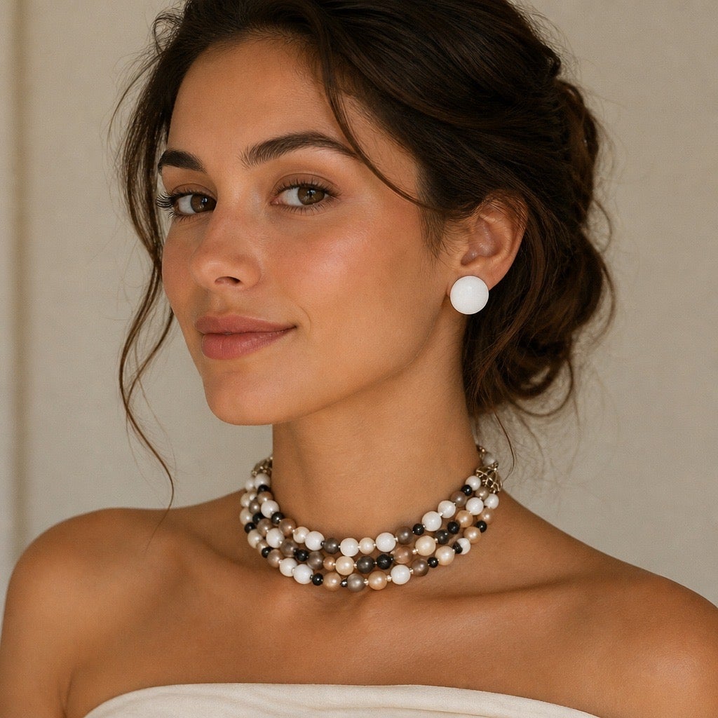1960s Era: Classic Mid-Century Lisner Neutral Multi-Tone Graduated Bead Choker with Drop Hoops- 2 for 1