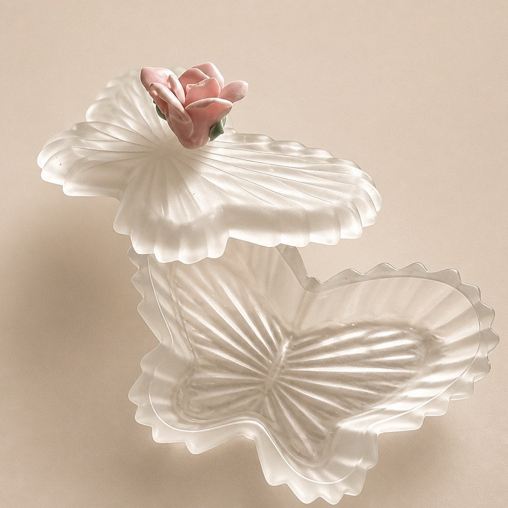 VTG  Pink Frosted Satin Glass Butterfly Trinket Jewelry Box Ceramic Rose Lid