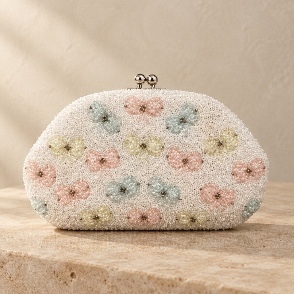 Vault Piece: Hand-Beaded Pastel Coquette Bow Clutch | Rare Seed Bead Kiss-Lock
