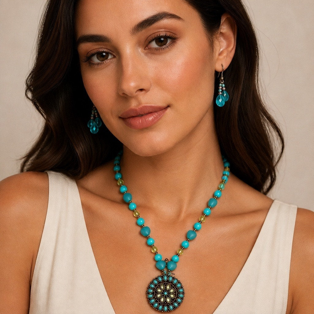 Authentic Vintage Robert Rose Signed Turquoise Medallion Pendant Set